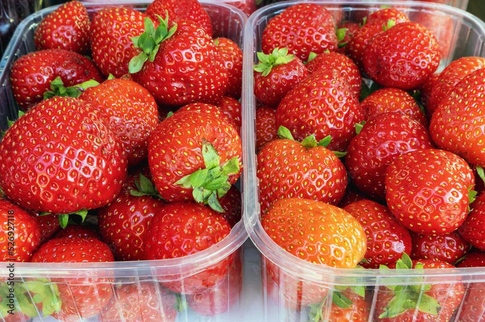 Red ripe strawberries for sale at the outdoor market