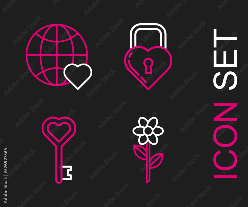 Set line Flower, Key in heart shape, Castle the of and The world love icon. Vector