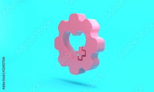 Pink Heart with a cross icon isolated on turquoise blue background. First aid. Healthcare, medical and pharmacy sign. Minimalism concept. 3D render illustration