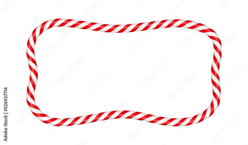 Fototapeta premium Christmas candy cane rectangle frame with red and white stripe. Xmas border with striped candy lollipop pattern. Blank christmas and new year template. Vector illustration isolated on white background