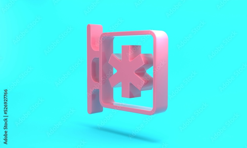 Obraz premium Pink Medical symbol of the Emergency - Star of Life icon isolated on turquoise blue background. Minimalism concept. 3D render illustration