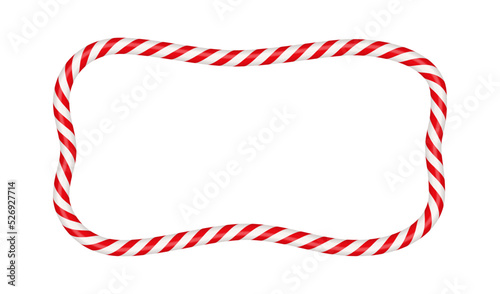 Christmas candy cane rectangle frame with red and white stripe. Xmas border with striped candy lollipop pattern. Blank christmas and new year template. Vector illustration isolated on white background