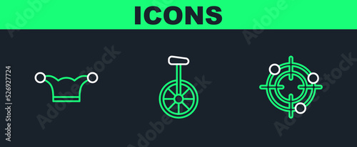 Set line Target sport for shooting competition, Jester hat with bells and Unicycle one wheel bicycle icon. Vector