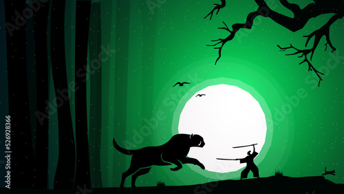 samurai vs cheetah wallpapers. silhouette of a samurai in the night background. Japanese samurai warrior with a sword. Samurai walpaper. japan theme background. full moon walpaper. cheetah walpaper.