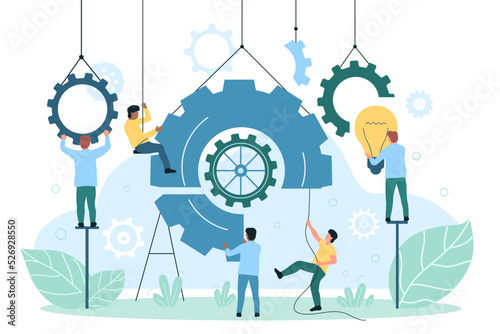 Implementation and integration of innovations into business process. Cartoon tiny engineers and developers work with system of gears, light bulb flat vector illustration. Solution, development concept