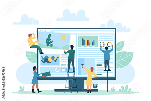 Web software and application, process and technology of user interface creation. Cartoon tiny managers create and build app, make creative blog design on computer screen flat vector illustration