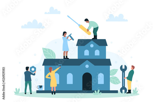 Architects and builders building model of home apartment vector illustration. Cartoon tiny workers and contractors engineering, working with equipment and tools. House development, service concept