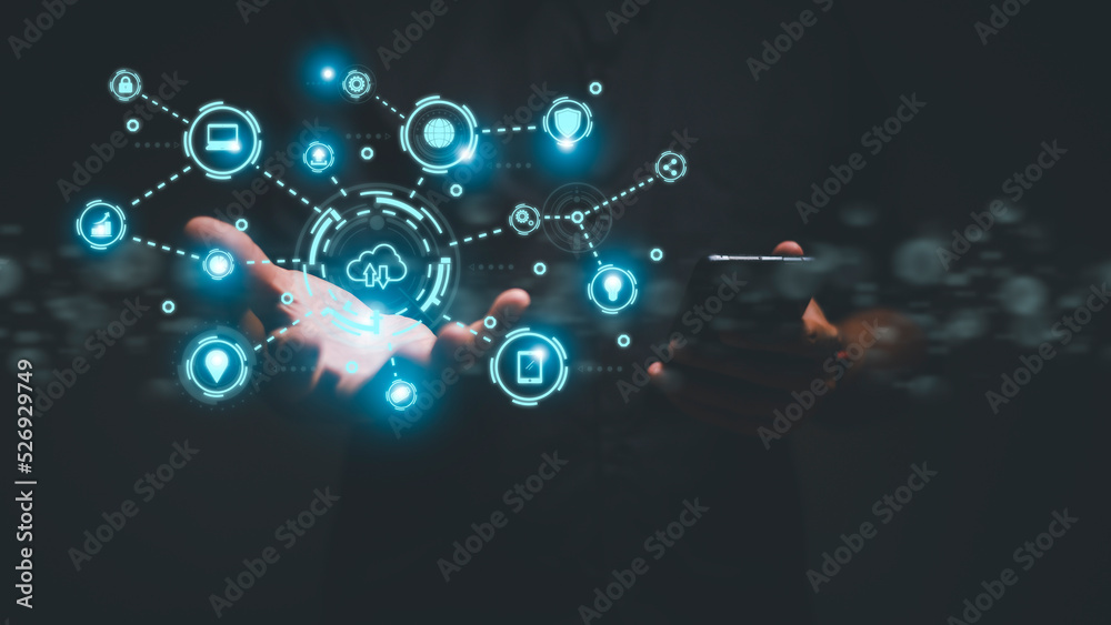 man showing virtual screen with cloud computing diagram. Cloud technology. Data storage. Networking and internet service concept.