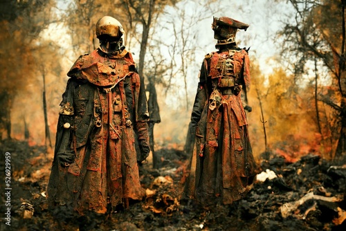 CG illustration of a scarecrow standing in tattered clothes.
