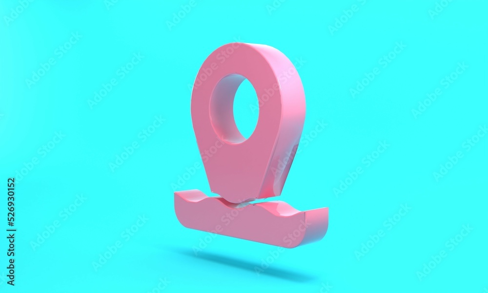 Pink Location fishing icon isolated on turquoise blue background. Fishing place. Minimalism concept. 3D render illustration Pink Location fishing icon isolated on turquoise blue background. Fishing place. Minimalism concept. 3D render illustration