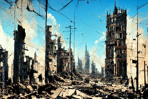 CG illustration depicting a town destroyed by war.