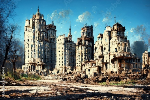 CG illustration depicting a town destroyed by war.