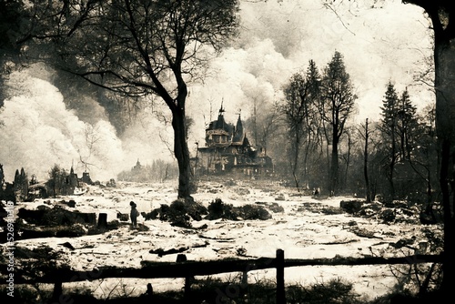 CG illustration of the only remaining building in a village destroyed by war.