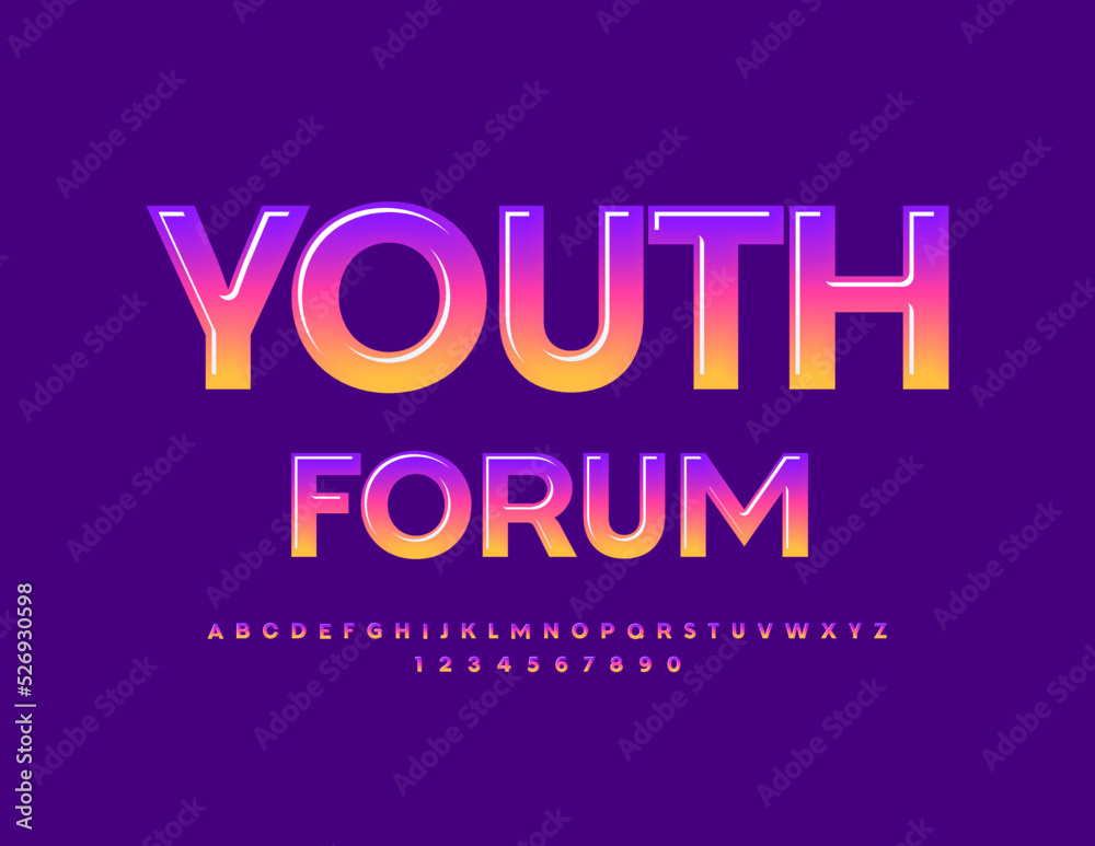 Vector artistic sign Youth Forum. Gradient color Font. Creative trendy Alphabet Letters and Numbers set