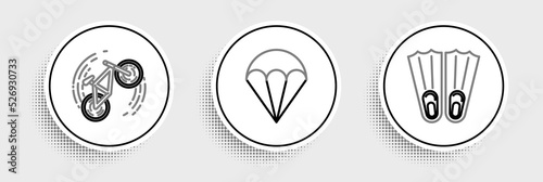Set line Rubber flippers for swimming, Bicycle trick and Parachute icon. Vector