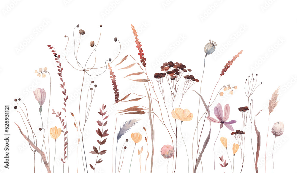 custom made wallpaper toronto digitalAutumn meadow. Cute watercolor flowers horizontal border isolated on white background. Illustration for card, border, banner or your other design.