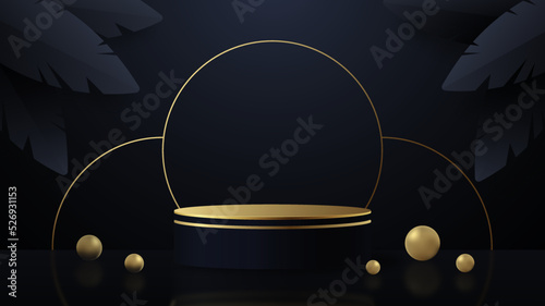 Realistic 3d cylinder pedestal  golden podium with black background. Pastel minimal scene. Stage for showcase, Product display