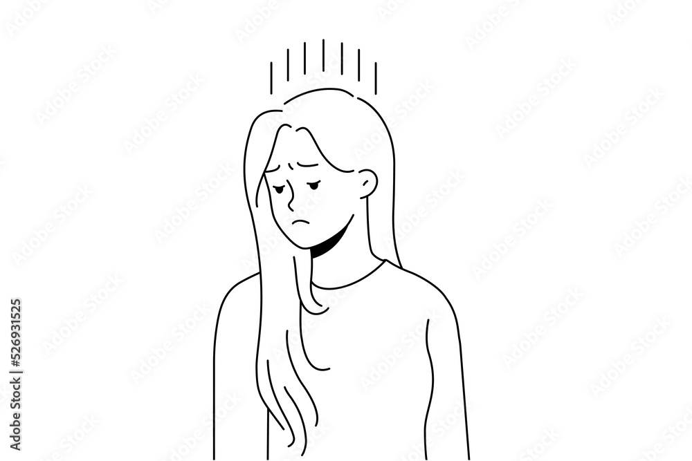 Fototapeta premium Unhappy young woman feel distressed and down suffer from depression or psychological problems. Upset female struggle with mood swing and loneliness. Vector illustration. 