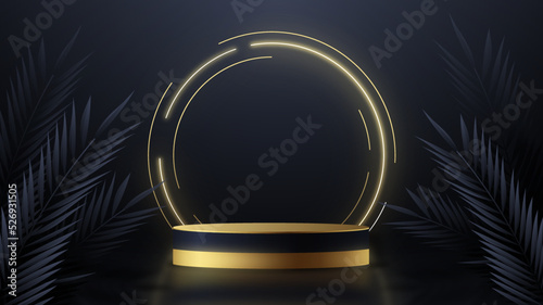 Realistic 3d cylinder pedestal  golden podium with black background. Pastel minimal scene. Stage for showcase, Product display