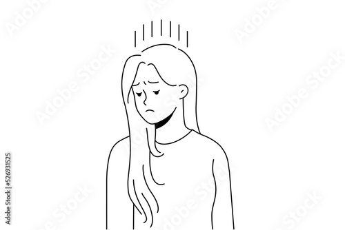 Unhappy young woman feel distressed and down suffer from depression or psychological problems. Upset female struggle with mood swing and loneliness. Vector illustration. 
