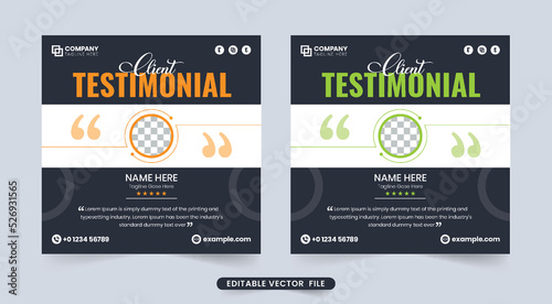 Creative website testimonial and client feedback review section vector with dark backgrounds. Customer service feedback and quote layout vector with a photo placeholder. Business client review design.
