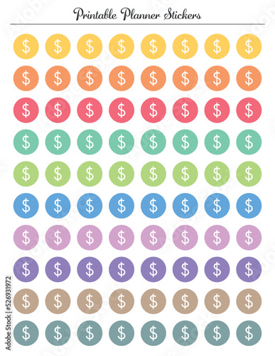Money dollar sign colored stickers printable planner sheet