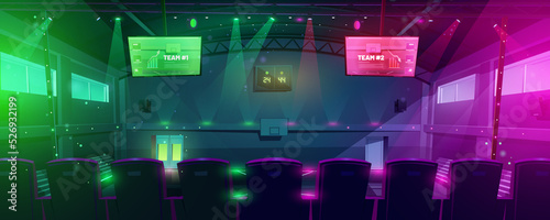 Cartoon basketball court with game score on electronic screen templates. Vector illustration of dark sports hall, empty tribune seats illuminated with color lights and match results on scoreboard