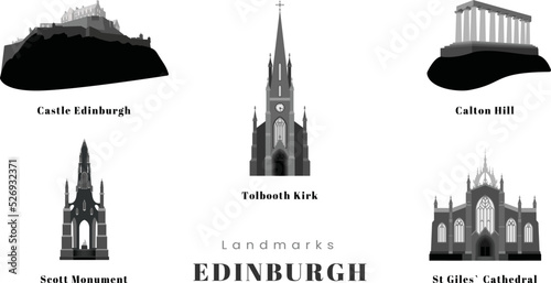 Set of silhouette of Edinburgh landmarks. Black and white Isolated vector set of UK city architecture