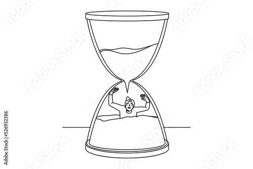 Stressed man sinking in sandglass losing time. Male in despair in hourglass miss deadline. Time organization and schedule. Vector illustration. 