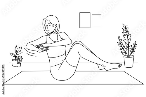 Young woman sweating doing exercises training on mat at home. Sportive motivated girl do sport workout indoors. Physical activity. Vector Illustration. 