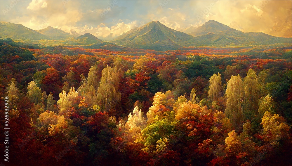 絵画風イラスト 秋 紅葉 山 自然 森 風景