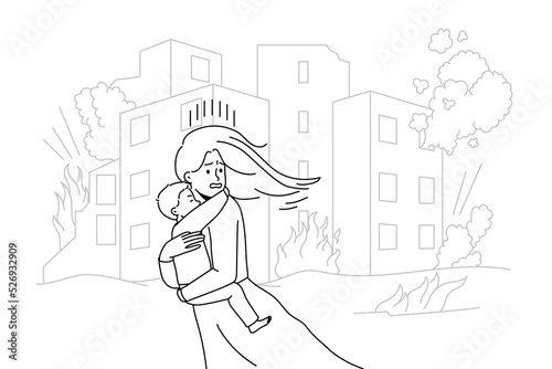 Scared young woman with child in hands running from bombs in city. Terrified mother with kid escape burning house on fire. Vector illustration. 