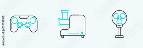 Set line Electric fan, Gamepad and Kitchen meat grinder icon. Vector