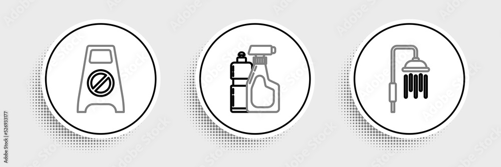 Set line Shower head with water drops flowing, Wet floor and cleaning progress and Plastic bottles for liquid dishwashing liquid icon. Vector Set line Shower head with water drops flowing, Wet floor and cleaning progress and Plastic bottles for liquid dishwashing liquid icon. Vector