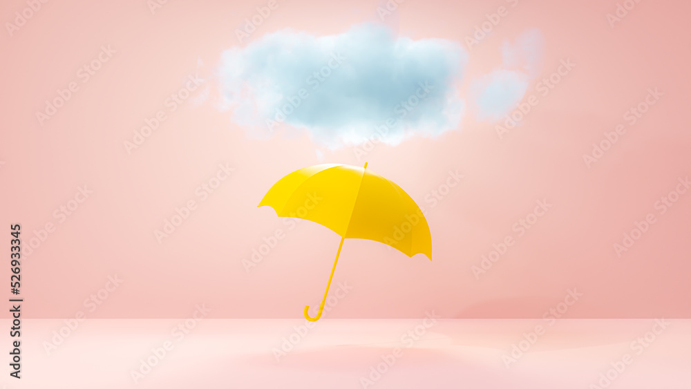 Blue cloud float on yellow umbrella in pink room. Designed in pastel color and minimal concept, 3d render.