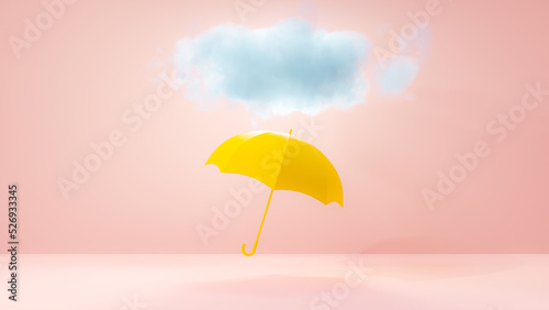 Blue cloud float on yellow umbrella in pink room. Designed in pastel color and minimal concept  3d render.