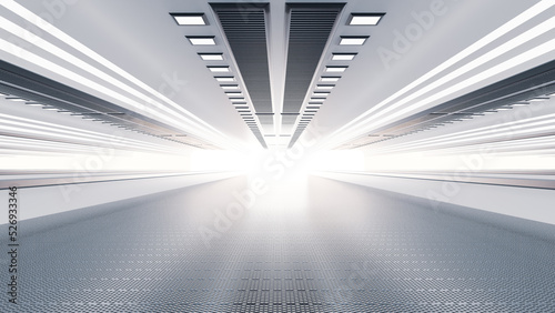 Fototapeta Naklejka Na Ścianę i Meble -  Corridor in space station or in laboratory and bright light from the destination.