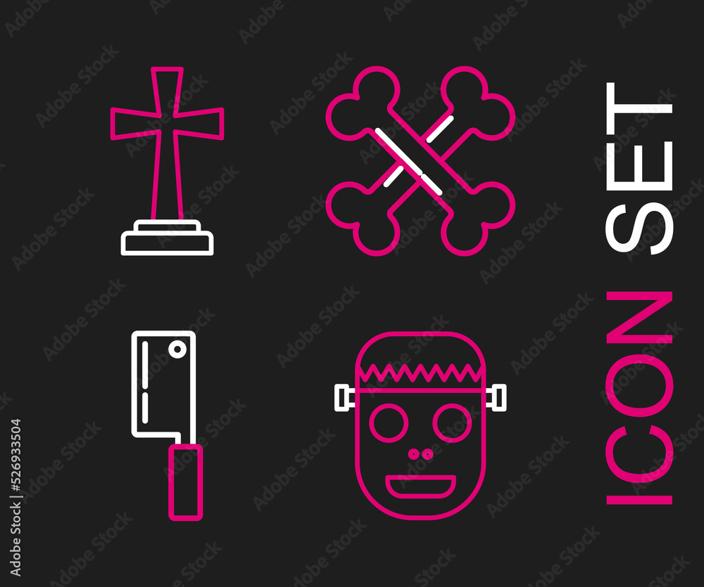 Set line Zombie mask, Meat chopper, Crossed bones and Tombstone with cross icon. Vector Set line Zombie mask, Meat chopper, Crossed bones and Tombstone with cross icon. Vector