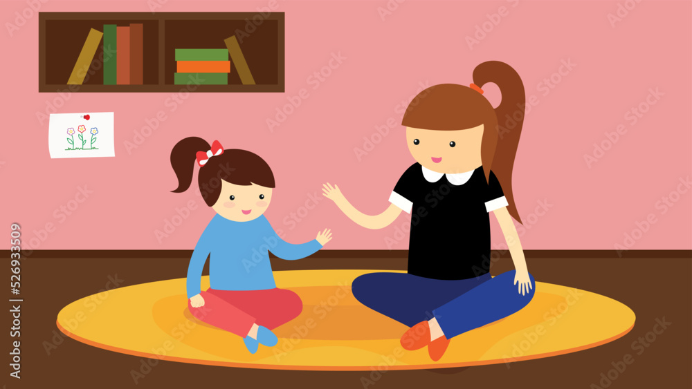 The teacher and the girl are engaged on a rug on the floor