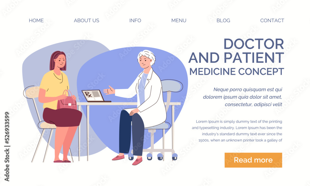 Woman doctor at table advises female patient sitting opposite. On laptop, physician writes prescription for medicines. Template, landing page. Vector characters flat cartoon illustration.
