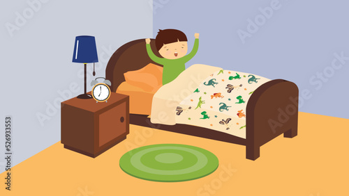 Boy wakes up in bed at 7 am