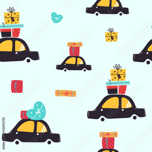 car with Christmas gifts vector seamless pattern. New Year decoration seamless texture. Textiles, wrapping paper, wallpaper design, packaging. Winter. Festive backdrop.