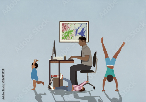 Kids playing around father working from home at computer in home office
 photo