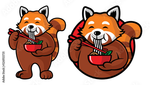 Cute red panda eating ramen noodle cartoon vector illustration