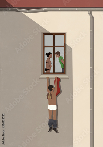 Man hanging from window of married lover
 photo