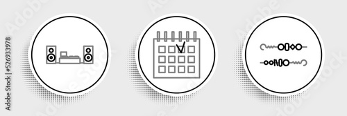 Set line Grilled shish kebab, Home stereo with two speakers and Detailed calendar icon. Vector