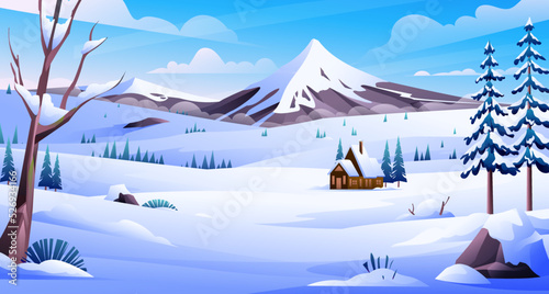 Winter landscape with a house and mountain background illustration