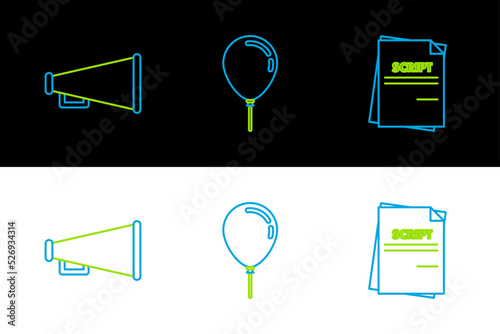 Set line Scenario, Megaphone and Balloon with ribbon icon. Vector