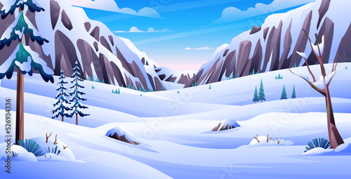 Winter snowy landscape with pines and rocky mountains background cartoon illustration