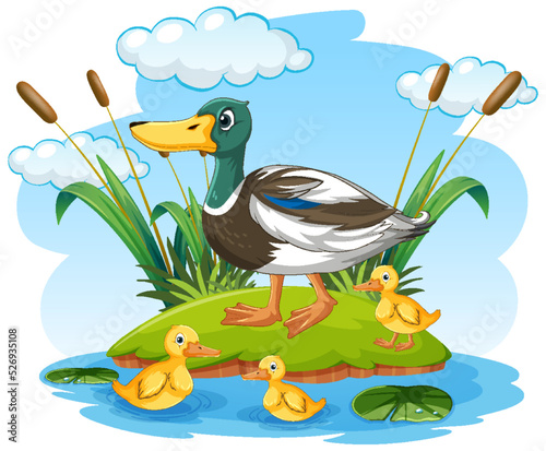 Cartoon wild duck with duckling